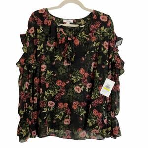 Kensie NWT Floral Black Ruffle Top Blouse Shirt M